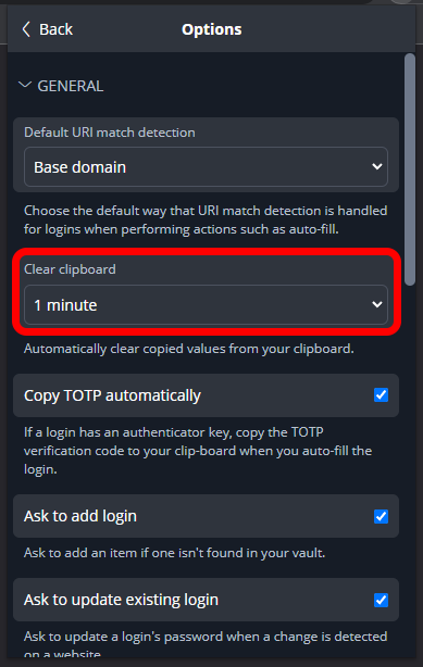 An image illustrating where to change the setting for automatically clearing the clipboard on the Bitwarden browser extension