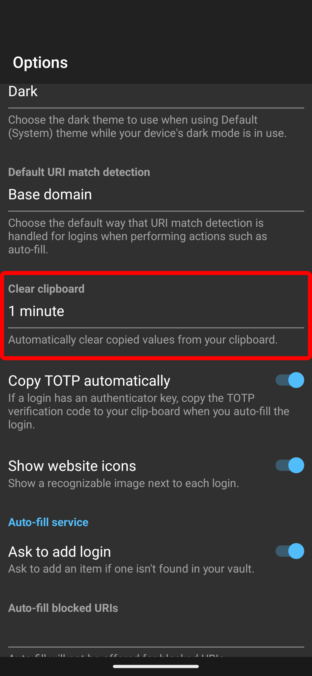 An image illustrating where to change the setting for automatically clearing the clipboard on the Bitwarden mobile app