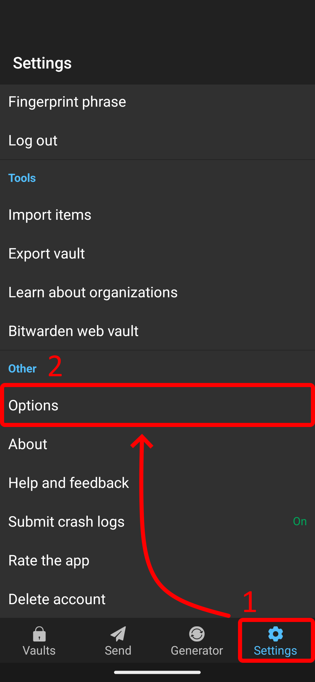 An image illustrating where the settings page is for automatically clearing the clipboard on the Bitwarden mobile app