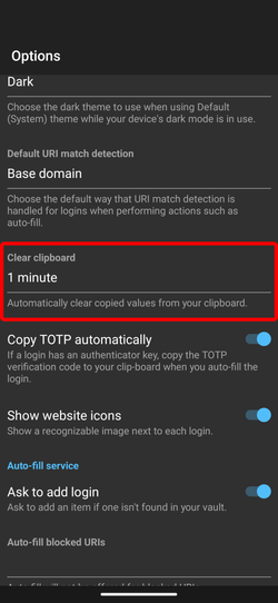 An image illustrating where to change the setting for automatically clearing the clipboard on the Bitwarden mobile app.