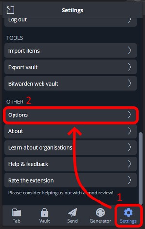 An image illustrating where the settings page is for automatically clearing the clipboard on the Bitwarden browser extension.