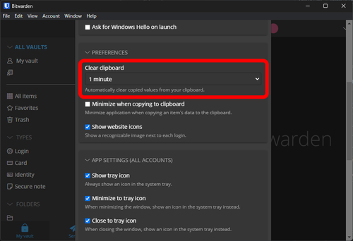 An image illustrating where to change the setting for automatically clearing the clipboard on the Bitwarden desktop app