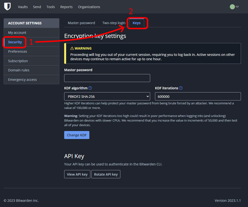 An image illustrating where the settings page is for security keys.