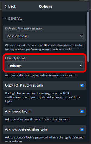 An image illustrating where to change the setting for automatically clearing the clipboard on the Bitwarden browser extension.